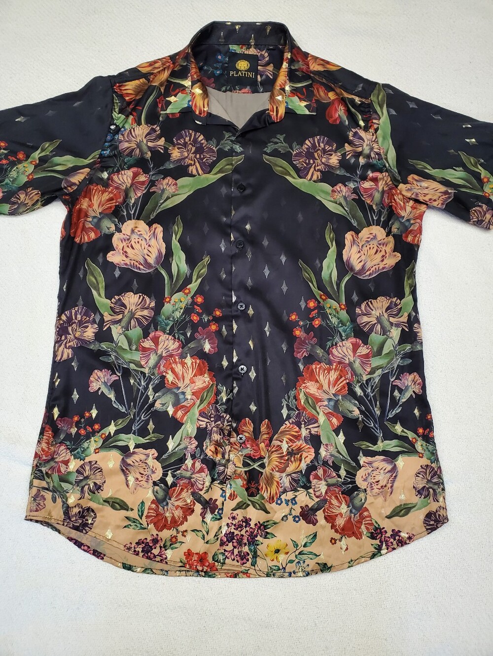 Platini Jeans Mens Medium Black Floral Satin Shirt Gold Jacquard Luxury Button